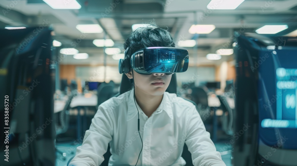 Man in VR Headset at Tech Office Man in VR Headset at Tech Office