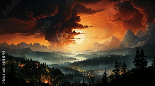 A dramatic photograph of a wildfire raging through a forest, emphasizing the link between climate change and the increasing frequency and intensity of natural disasters. Painting Illustration style,