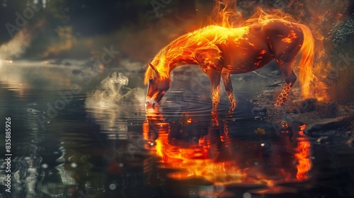 A horse drinking from a river, the water reflecting its fiery form, with steam rising as the flames touch the surface. photo