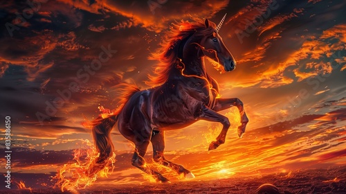 A horse rearing up on its hind legs  flames trailing from its hooves and mane  set against a dramatic sunset with the sky ablaze in fiery hues.