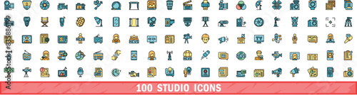 100 studio icons set. Color line set of studio vector icons thin line color flat on white