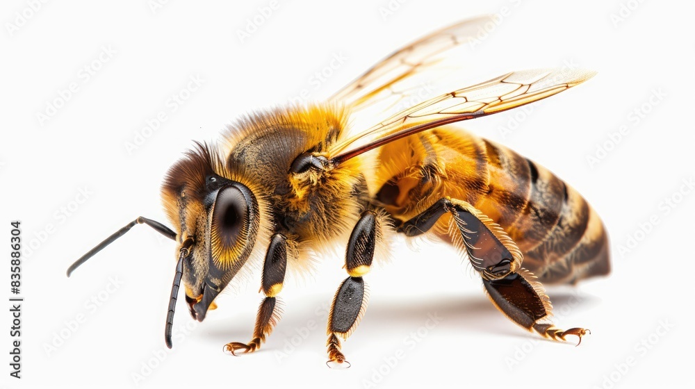 A clear, high-resolution image of a honeybee's profile, with its stinger and legs clearly visible against a white backdrop A clear, high-resolution image of a honeybee's profile, with its stinger and legs clearly visible against a white backdrop