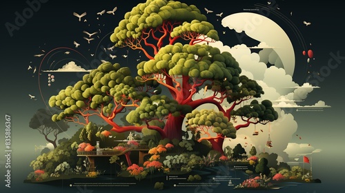 An infographic illustrating the carbon cycle and the role of trees and other vegetation in sequestering carbon dioxide from the atmosphere, helping to mitigate climate change. Painting Illustration