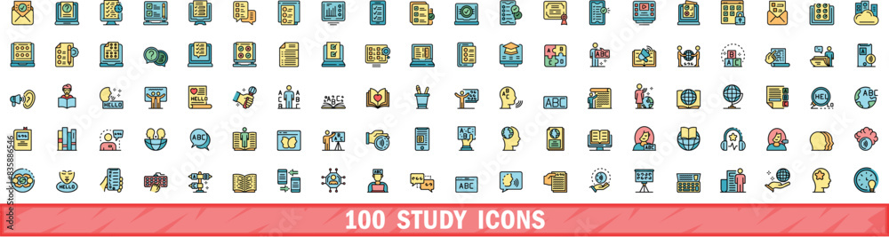 100 study icons set. Color line set of study vector icons thin line color flat on white 100 study icons set. Color line set of study vector icons thin line color flat on white