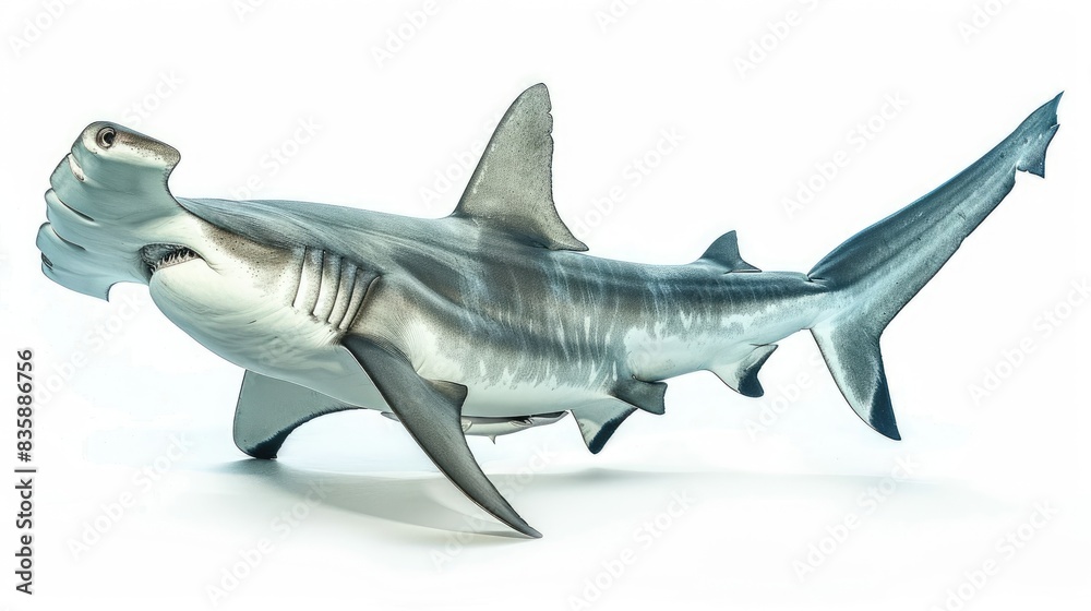 Fototapeta premium A close-up of a hammerhead shark with its unique head shape and streamlined body, sharply defined against a white background