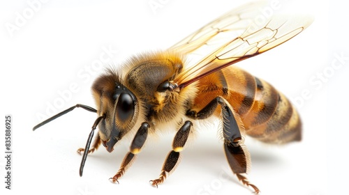 A close-up of a honeybee in sharp detail, with its wings and fuzzy body clearly visible against a white background