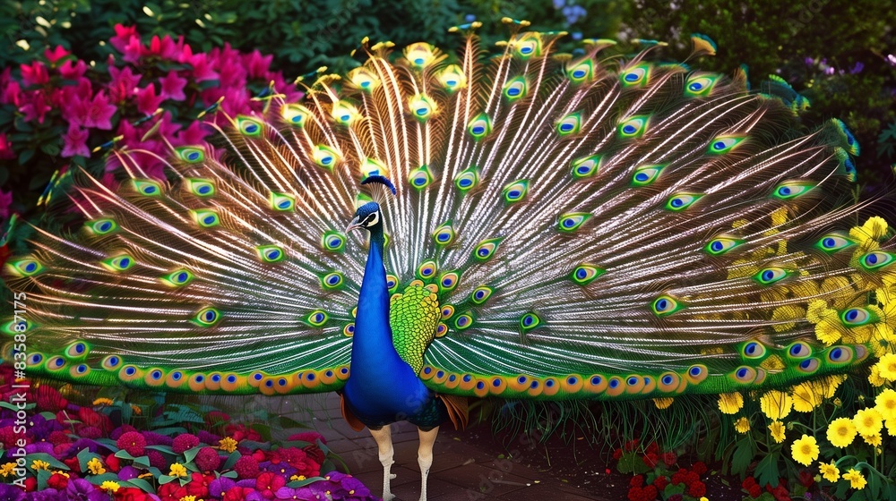 Obraz premium A majestic peacock spreading its vibrant feathers amidst a blooming flower garden, the colors blending harmoniously with the surrounding flowers.