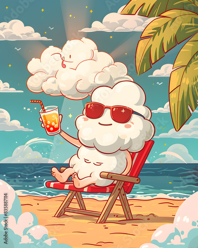 a cartoon of a cloud sitting in a chair on the beach holding a drink photo