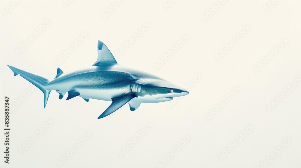 Fototapeta premium A crystal-clear image of a reef shark, with its smooth skin and elegant movement, set against a pure white background