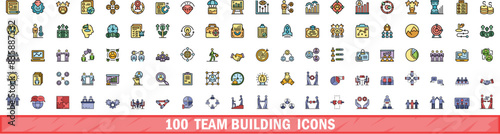 100 team building icons set. Color line set of team building vector icons thin line color flat on white