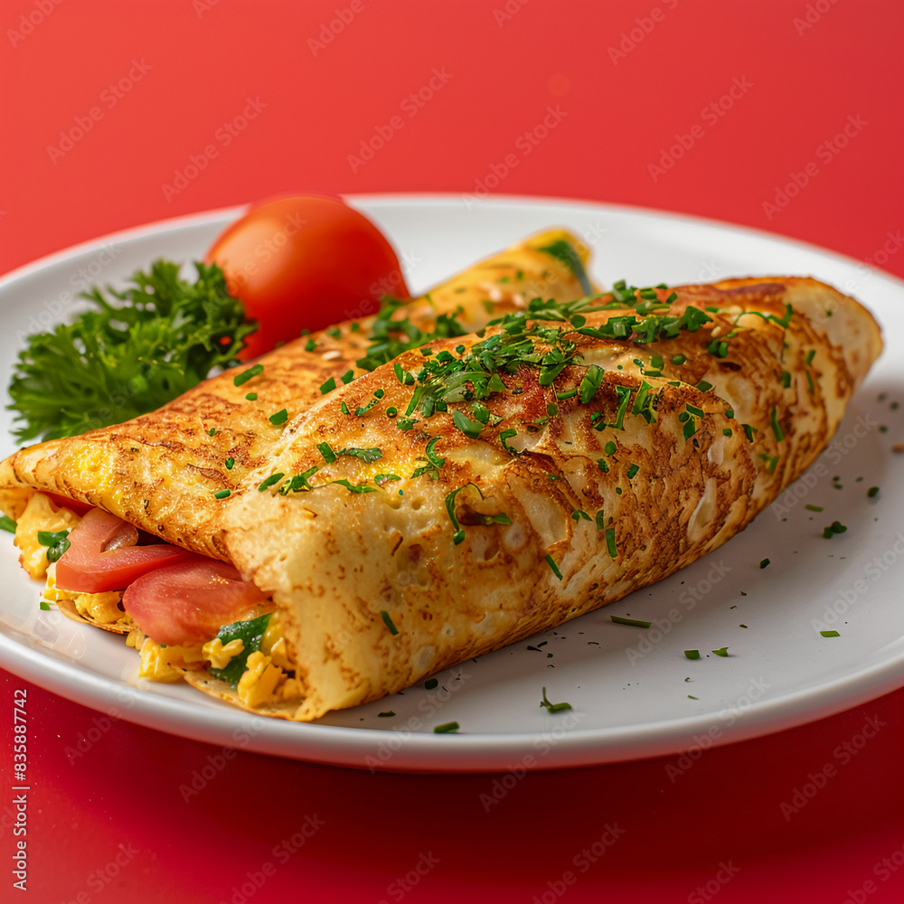 Delicious Stuffed Crispy Egg Crepe on a White Plate Delicious Stuffed Crispy Egg Crepe on a White Plate
