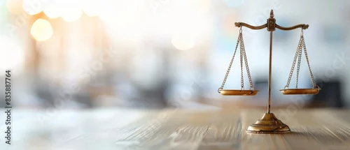 Obraz Golden scale of justice on wooden table with blurred background, symbolizing law, equality, and fairness in legal matters.