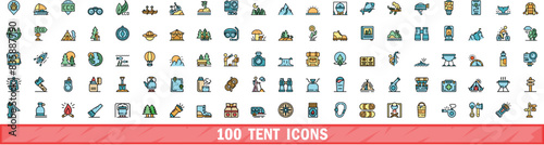 100 tent icons set. Color line set of tent vector icons thin line color flat on white