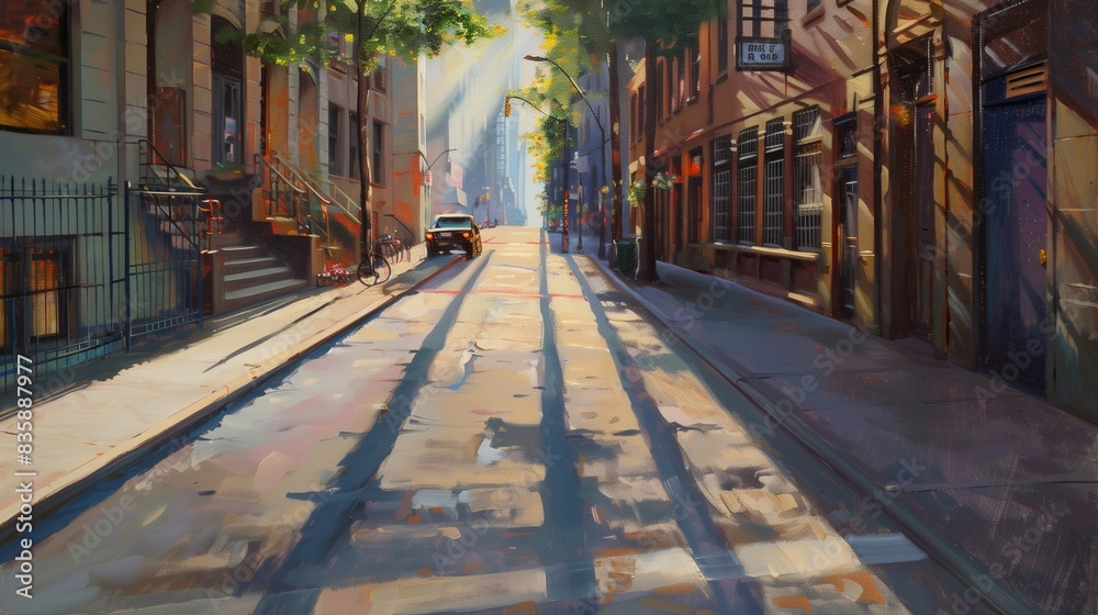Fototapeta premium A quiet early morning street in New York, with the first rays of sun casting long shadows, beautifully rendered in oil on canvas.