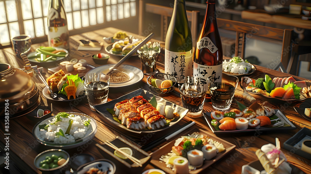 table with japanses food and drink realistic