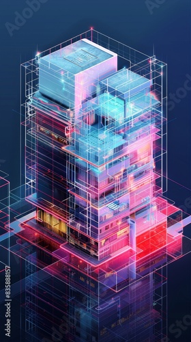 Building Management theme top view Enhancing building operations using digital twins Robotic tone Triadic color scheme