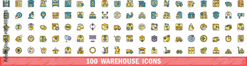 100 warehouse icons set. Color line set of warehouse vector icons thin line color flat on white