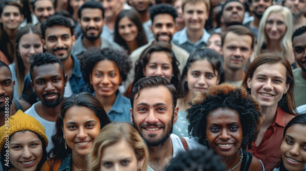 The diverse group is a mix of races and ethnicities of smiling people look at the camera. The diverse group is a mix of races and ethnicities of smiling people look at the camera.