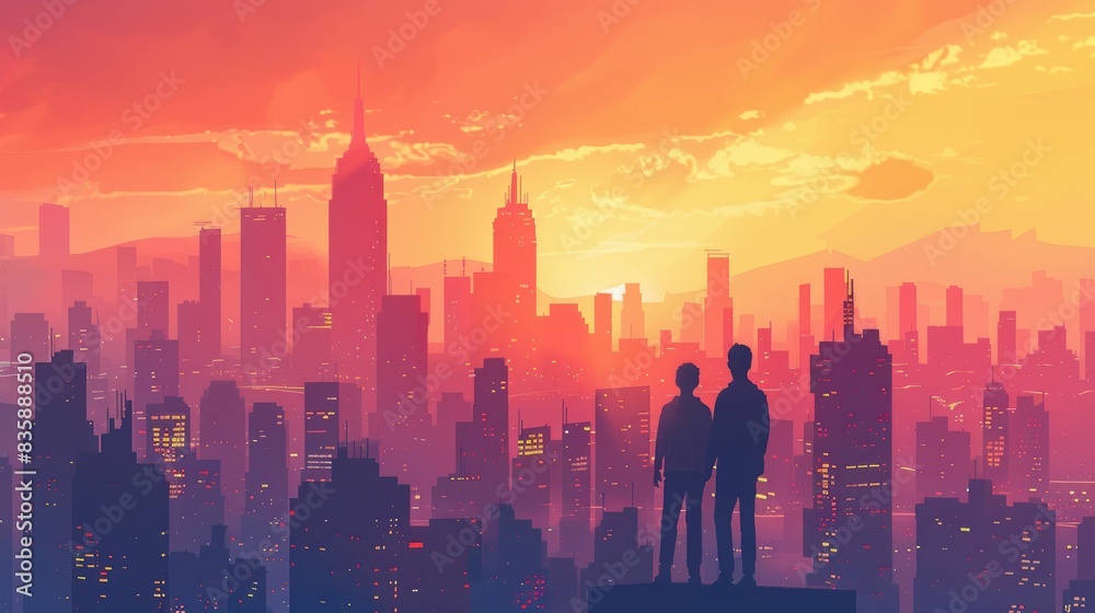 A mentor and protege standing over a cityscape, symbolizing guidance and development in career paths; style: Digital Illustration, Mentorship, Developmental A mentor and protege standing over a cityscape, symbolizing guidance and development in career paths; style: Digital Illustration, Mentorship, Developmental