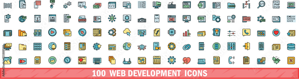 100 web development icons set. Color line set of web development vector icons thin line color flat on white 100 web development icons set. Color line set of web development vector icons thin line color flat on white