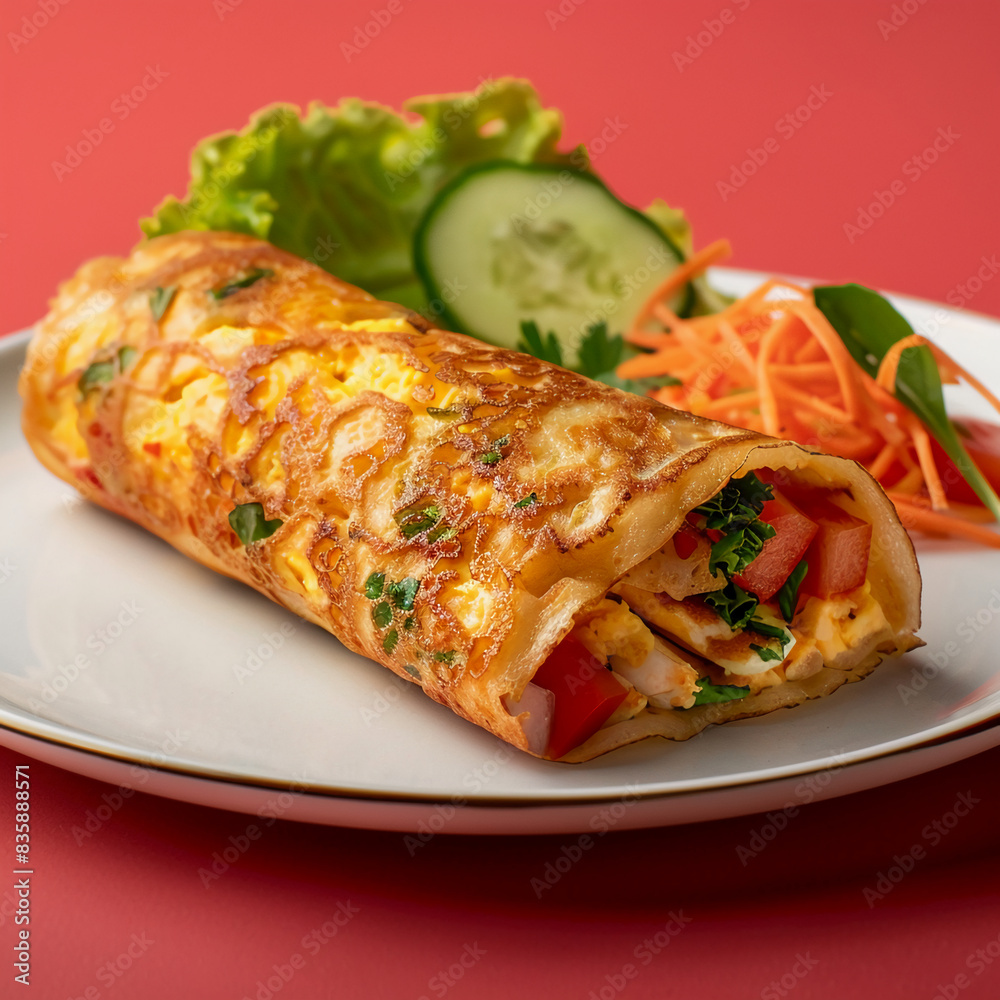 Delicious Stuffed Crispy Egg Crepe on a White Plate Delicious Stuffed Crispy Egg Crepe on a White Plate