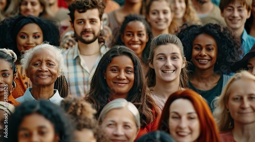 Diverse group of people smile and look at the camera, symbolizing unity in diversity.