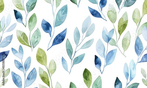 Wallpaper Mural Watercolor Seamless Pattern with Blue and Green Leaves,Generative AI  Torontodigital.ca