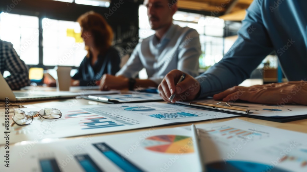 A business leader presenting a quarterly report with business graphs and financial data to company stakeholders in a boardroom meeting. A business leader presenting a quarterly report with business graphs and financial data to company stakeholders in a boardroom meeting.