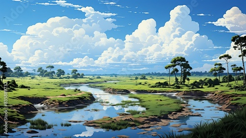 An aerial view of a coastal wetland teeming with wildlife, showcasing the importance of preserving natural habitats and ecosystems for biodiversity and climate resilience. Painting Illustration