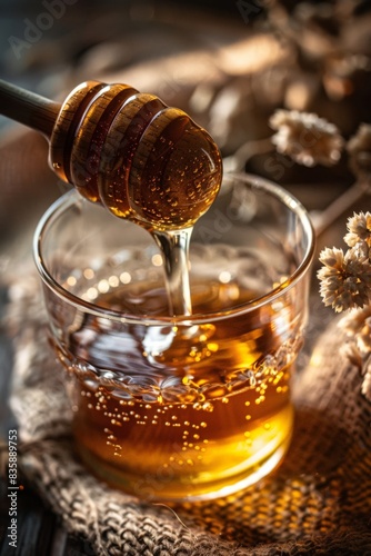 Golden honey drizzling from a honey dipper into a glass jar