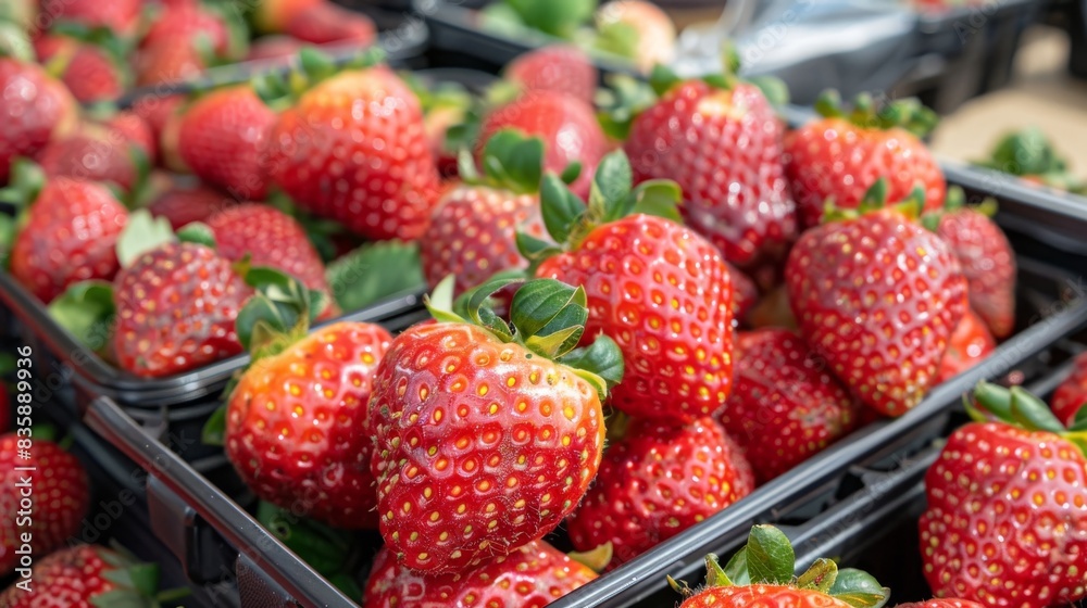 Close-up shot of plump, ripe red strawberries piled high in black plastic containers Close-up shot of plump, ripe red strawberries piled high in black plastic containers