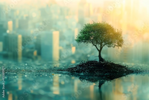 Lonely tree on an island with a city background, symbolizing nature amidst urban life, serene and reflective scene.