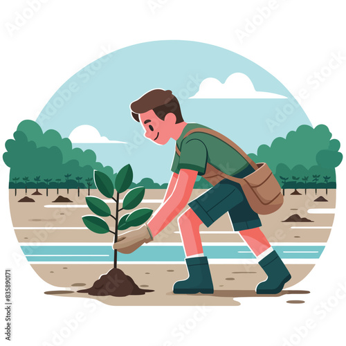 cartoon of a man planting mangrove tree on the beach