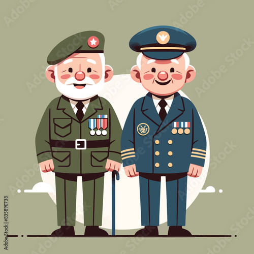 cartoon featuring two elderly veterans standing with happy expression