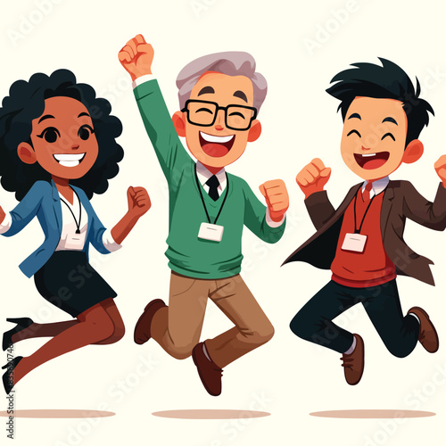 cartoon of journalists with happy expressions jumping for joy