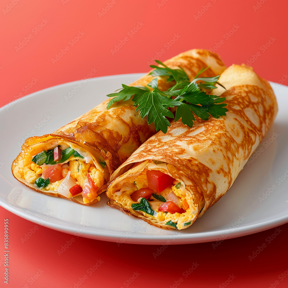 Delicious Stuffed Crispy Egg Crepe on a White Plate Delicious Stuffed Crispy Egg Crepe on a White Plate