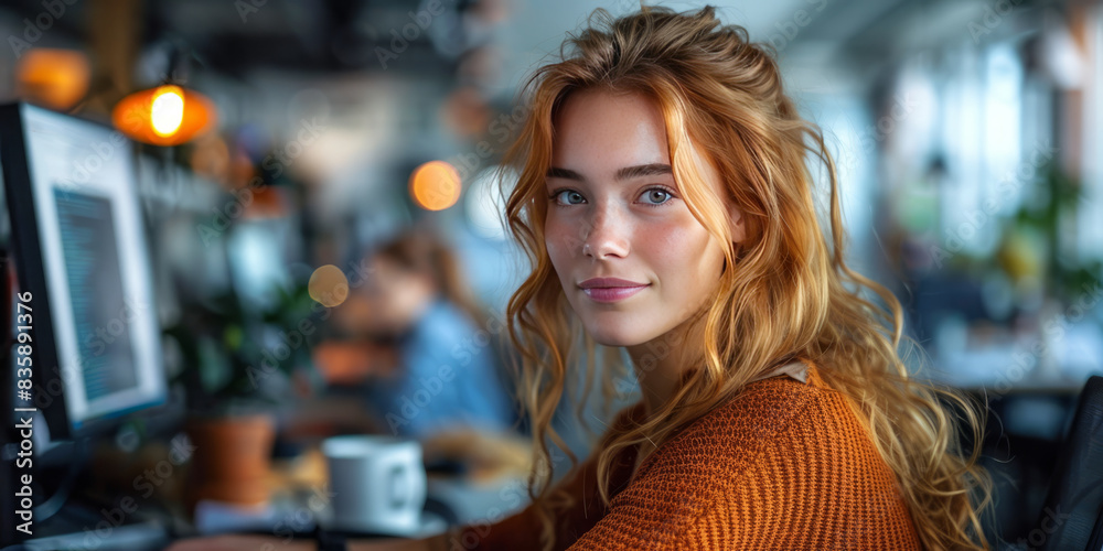 photographic still of attractive woman sat at desk in modern office working on a computer editing a sequence on Premier Pro,generative ai photographic still of attractive woman sat at desk in modern office working on a computer editing a sequence on Premier Pro,generative ai