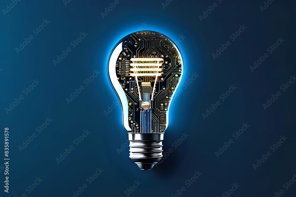 Glowing light bulb with circuit board inside on dark blue background,desnig illustration. Glowing light bulb with circuit board inside on dark blue background,desnig illustration.