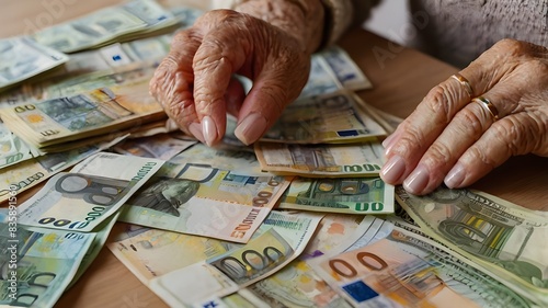 An elderly woman's hands are shown counting money in euros up close.