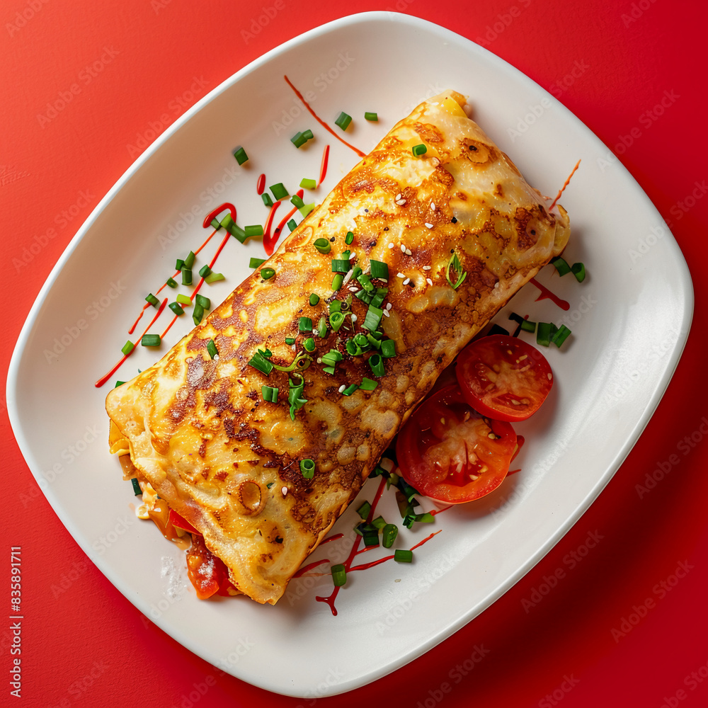 Delicious Stuffed Crispy Egg Crepe on a White Plate Delicious Stuffed Crispy Egg Crepe on a White Plate