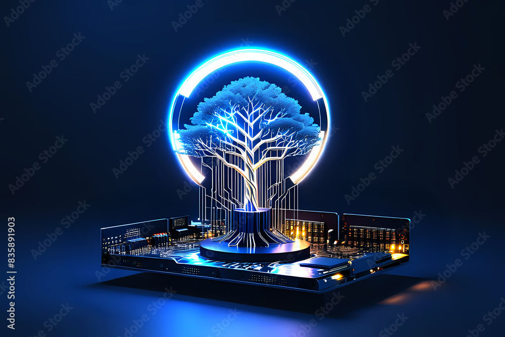 Obraz premium Glowing light bulb with tree circuit board inside on dark blue background,desnig illustration.