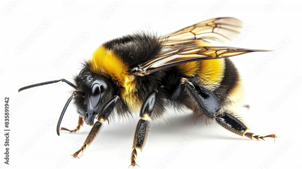 A high-resolution image of a bumblebee perched on a white background, showcasing its striped abdomen and delicate wings A high-resolution image of a bumblebee perched on a white background, showcasing its striped abdomen and delicate wings