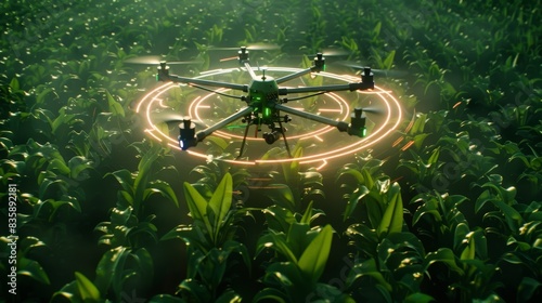 A drone spraying antifungal agents in a circular pattern preventing crop disease and promoting a healthy harvest. photo