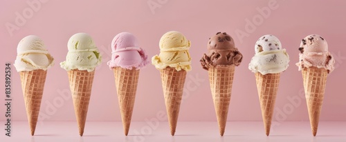 A set of ice cream cones, with a focus on the texture and details of the ice cream