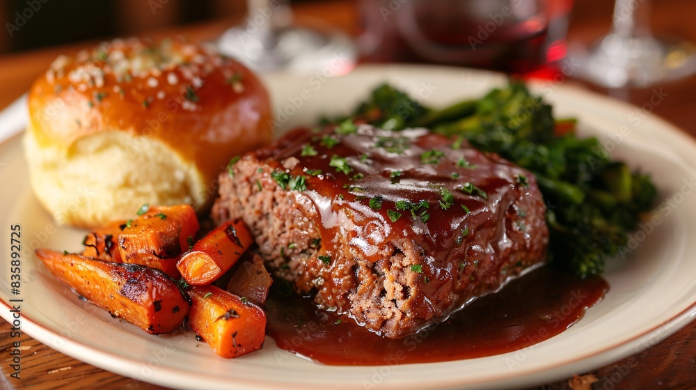 A comforting meatloaf dinner, featuring a thick slice of meatloaf with a rich gravy, served alongside roasted vegetables and a fluffy dinner roll on a warm, inviting table setting A comforting meatloaf dinner, featuring a thick slice of meatloaf with a rich gravy, served alongside roasted vegetables and a fluffy dinner roll on a warm, inviting table setting