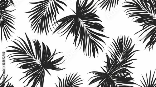 Seamless pattern with black palm leaves on a white background. Vector illustration. Isolated sticker design in the style of white and black, photo