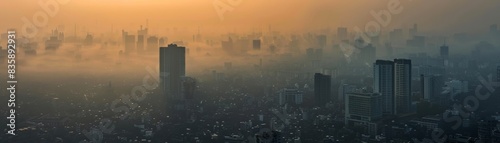 A foggy cityscape with skyscrapers visible in the distance.