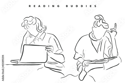 Hand drawn line art vector of reading buddies. Book nerds having fun.