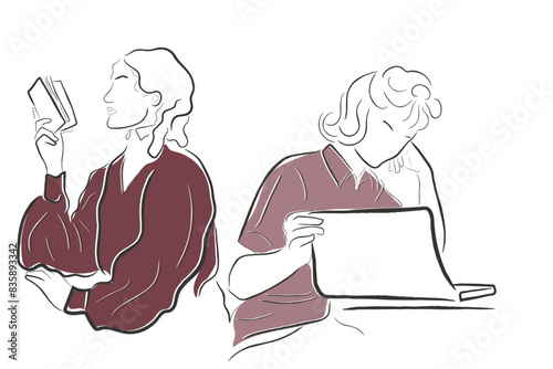 Hand drawn line art vector of reading buddies. Book nerds having fun.