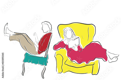 Hand drawn line art vector of reading buddies. Book nerds having fun.